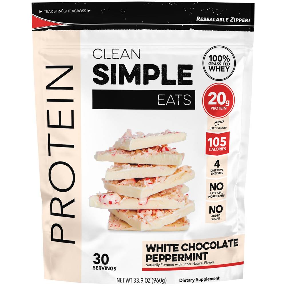 Clean Simple Eats 100% Grass Fed Whey Protein 30 Serving, White Chocolate Peppermint (33.9 oz)