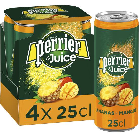 Perrier & Juice - Eau gazeuse aromatisée à l'ananas et mangue (4 pièces, 250 ml)