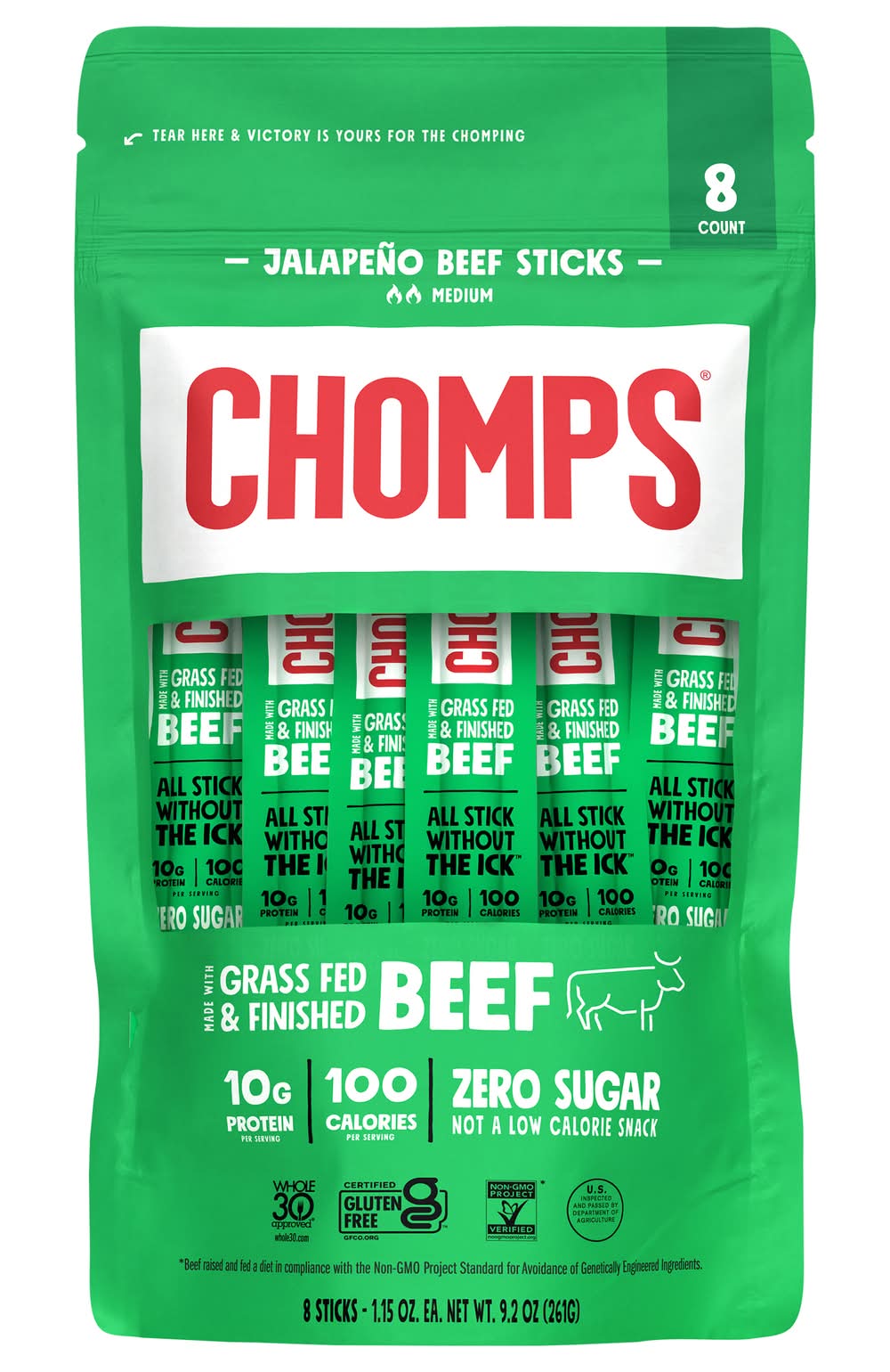 Chomps Grass Fed & Finished Beef Sticks, Jalapeno (8 x 1.15 oz)