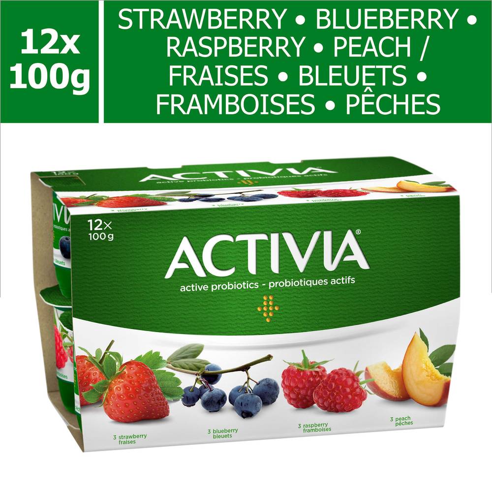 Activia Assorted Flavours Probiotic Yogurt, Strawberry, Blueberry, Raspberry, Peach (1.2 kg, 12 ct)