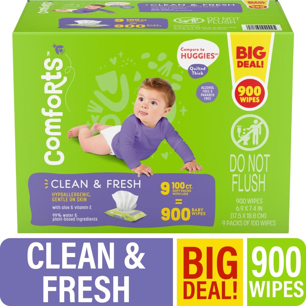 Comforts Baby Wipes, Clean & Fresh (9 pack)