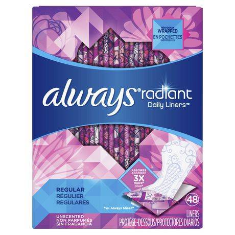 Always Radiant Pantiliners Regular Wrapped Unscented (48 pieces)