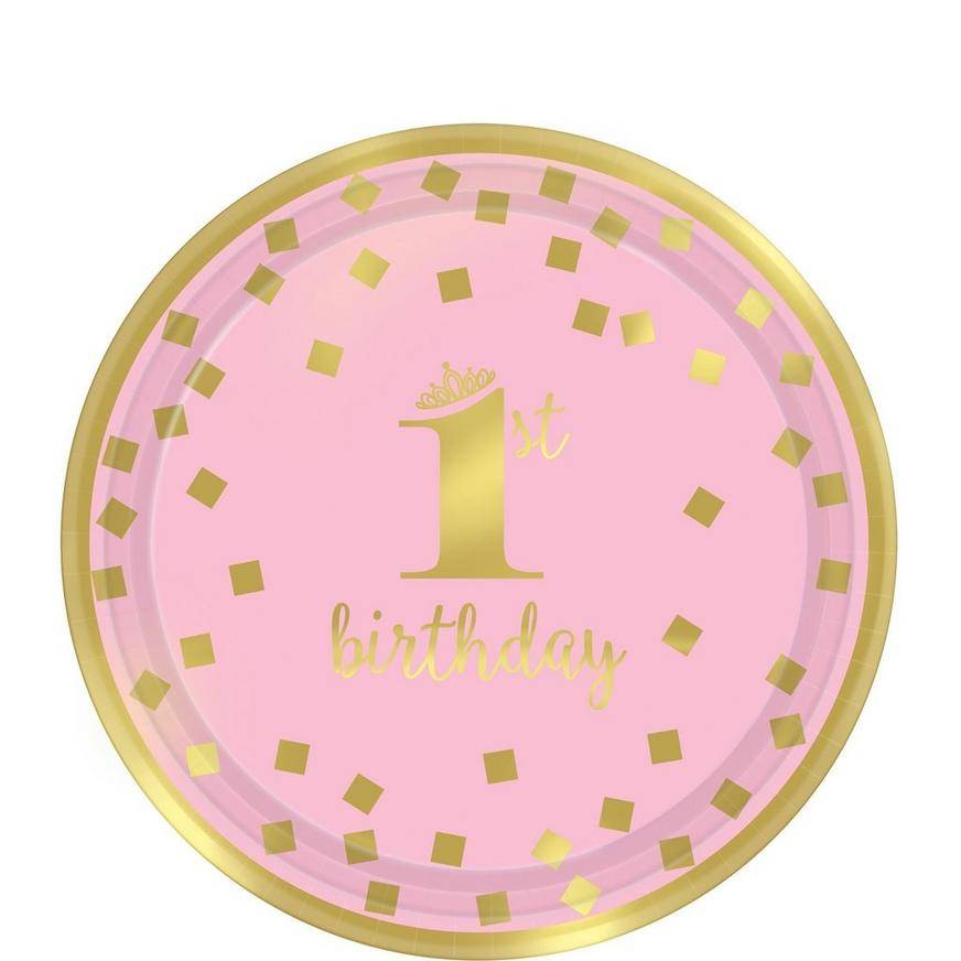 Metallic Pink Gold Confetti 1st Birthday Dessert Plates 8ct