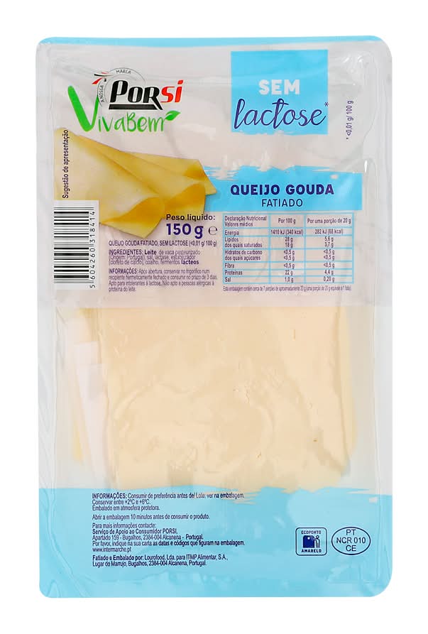 Porsi Viva Bem  - Queijo gouda fatias 0% lactose, 150 g