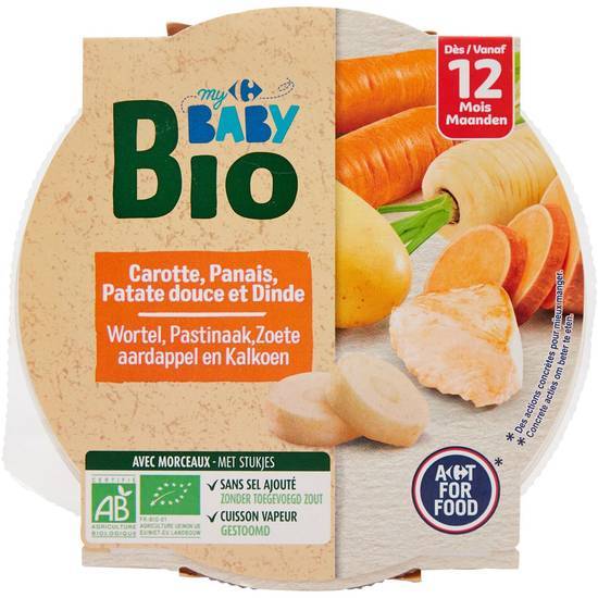 Carrefour Baby Bio - Plat bébé dès 12 mois (carotte - panais - patate douce - dinde)