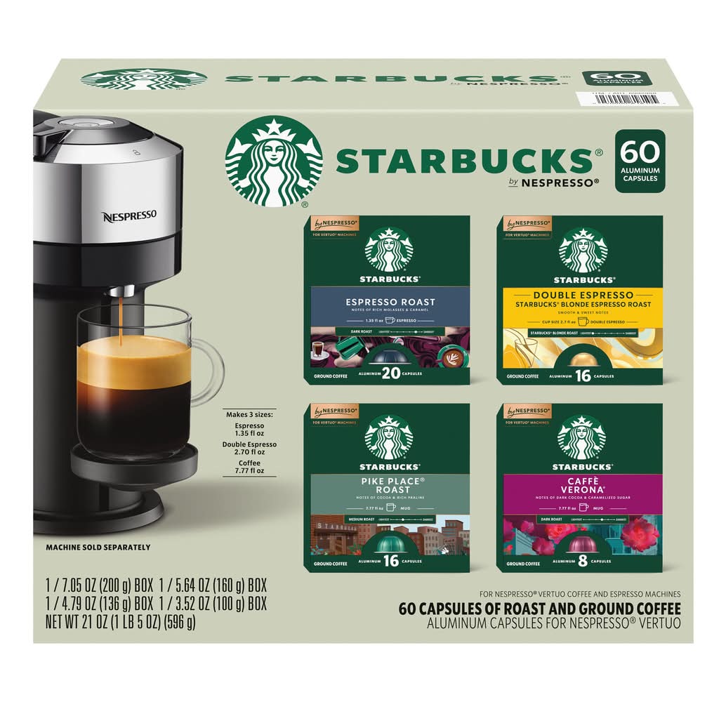 Starbucks Coffee and Espresso Capsules for Nespresso Vertuo Machines 60-count Variety Pack, 100%