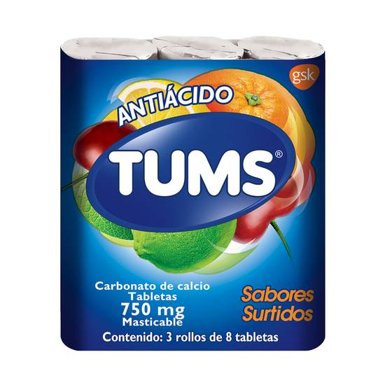Tums antiácido carbonato de calcio tabletas 750 mg (3 x 8 piezas)