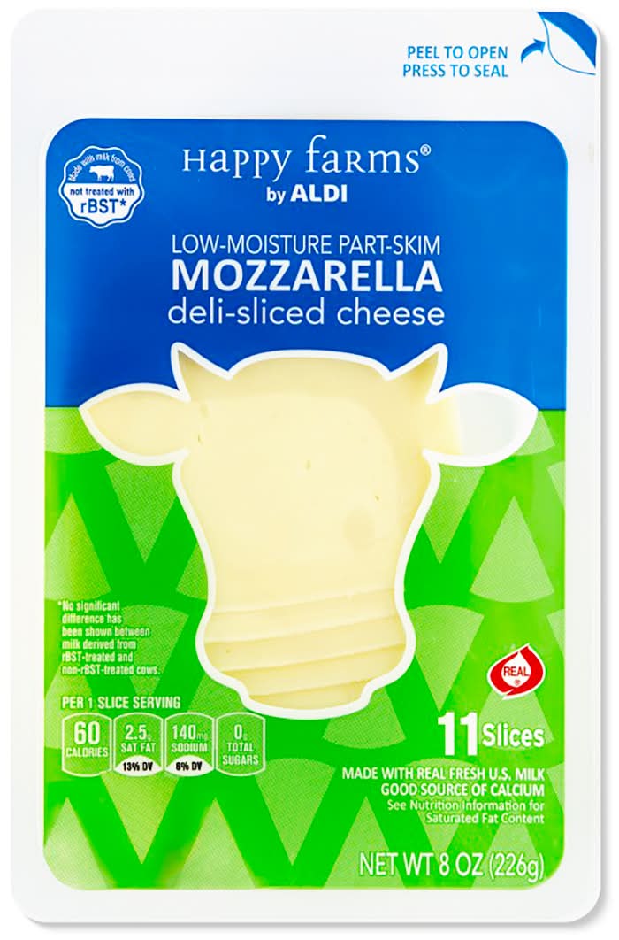 Aldi Happy Farms Low Moisture Deli Sliced Cheese, Mozzarella (8 oz, 11 ct)
