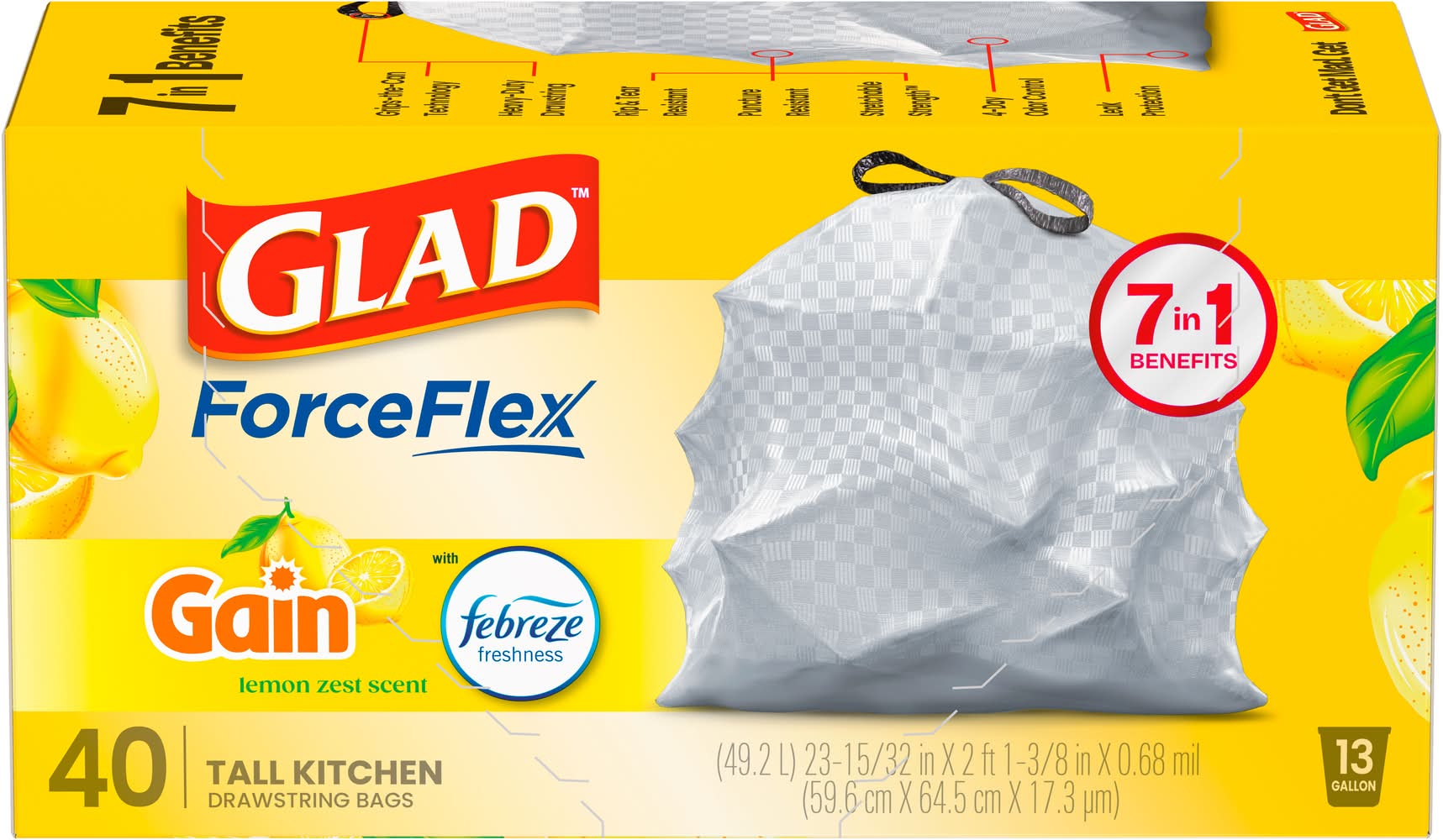 Glad Forceflex Tall Kitchen Bags 13 Gallon, Gain Lemon Zest (40 ct)