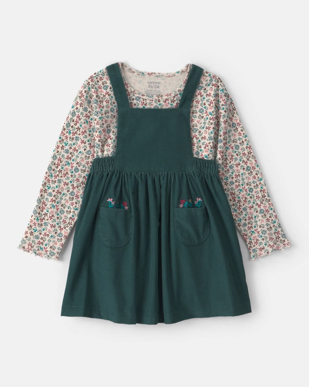 Carter's Toddler Girl Floral Corduroy Long Sleeve Dress Set, 4T, Green/White (2 ct)