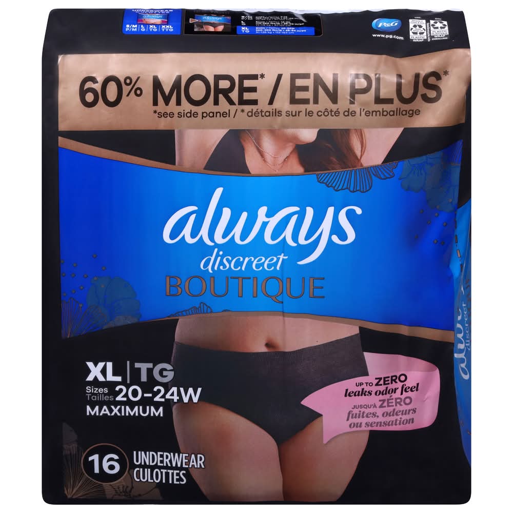 Always Discreet Incontinence Underwear Foe Women, Women, XL (16 ct)
