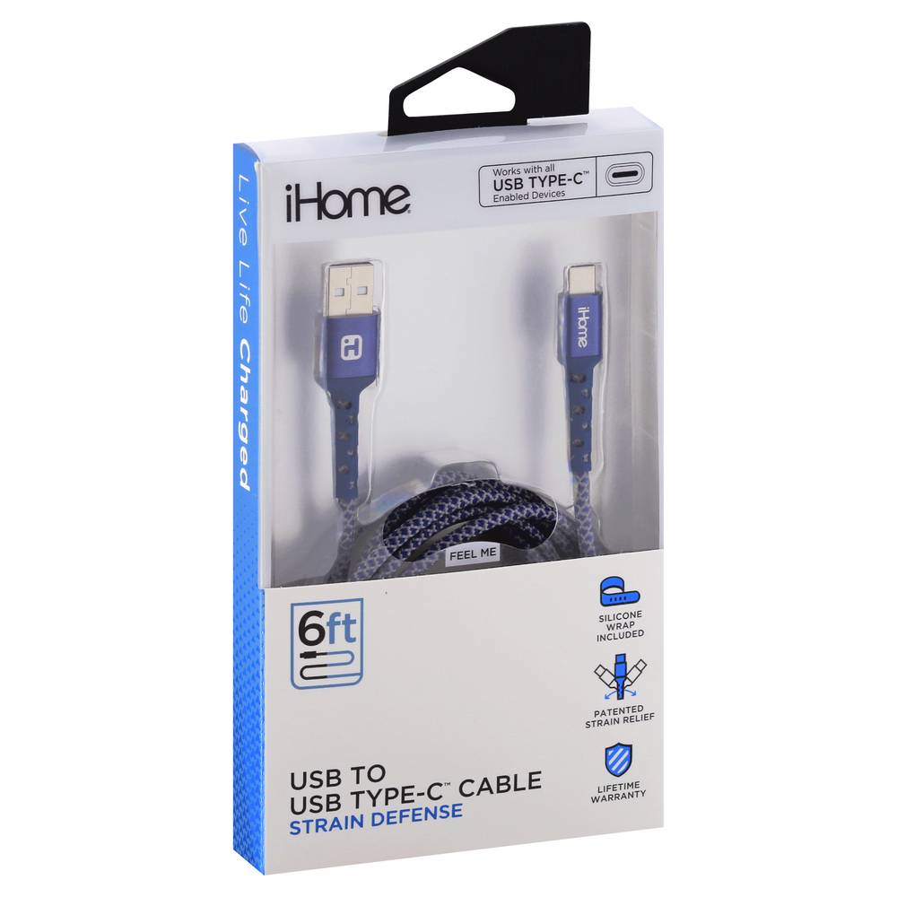 iHome 6 Feet Usb To Usb Type-C Strain Defense Blue Cable