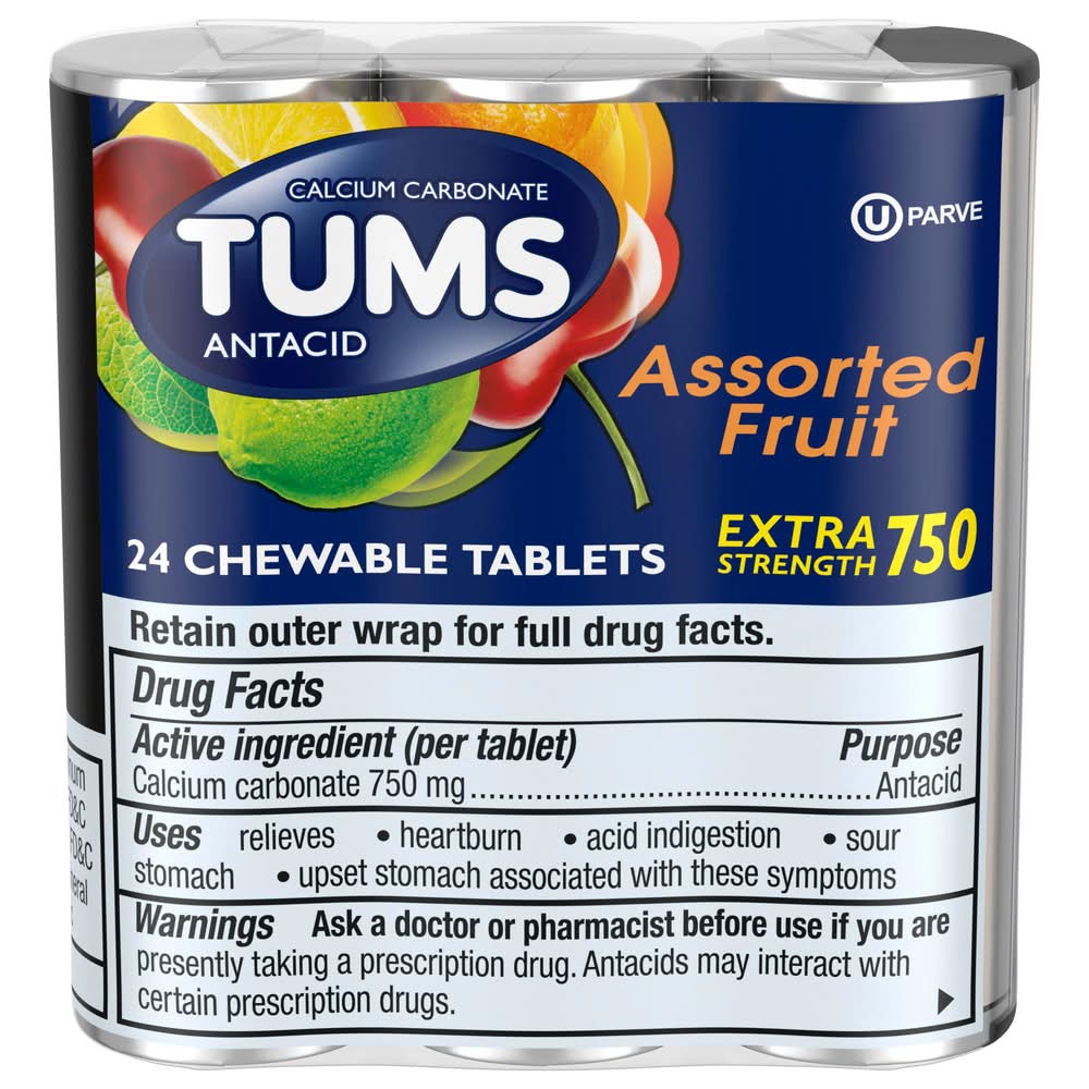 TUMS Extra Strength 750 Antacid Chewable Tablets For Heartburn Relief, Assorted Fruit (24 ct)