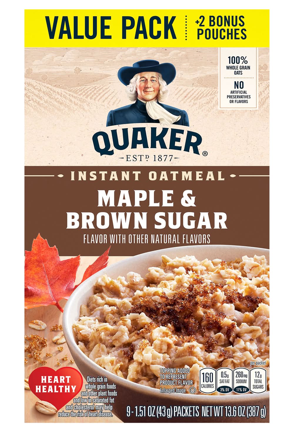 Quaker Instant Oatmeal, Maple & Brown Sugar (13.6 oz, 9 ct)