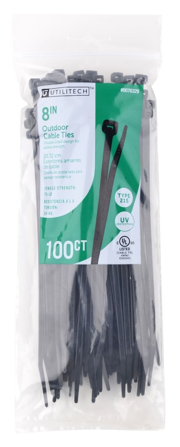 Utilitech 8-in Nylon Zip ties Black with UV Protection ( 100 -Pack)