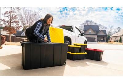 Hdx 77 Gal. Tough Storage Tote With Wheels In Black With Yellow