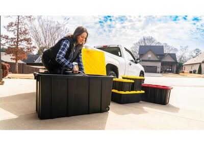 Hdx 77 Gal. Tough Storage Tote With Wheels In Black With Yellow