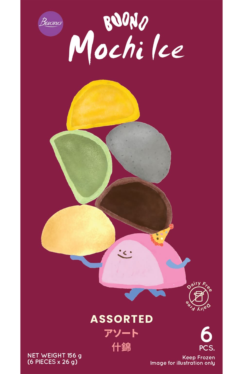 Buono Mochi Ice Delights, Chocolate-Strawberry-Mango-Black Sesame-Vanilla-Matcha Green Tea (6 x 26g)