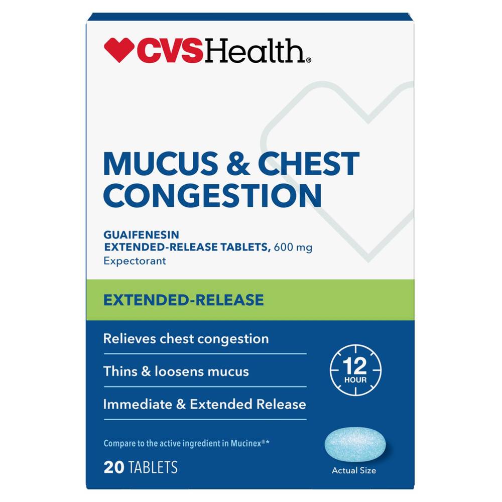 Cvs Health Mucus And Chest Congestion Extended Release Guaifenesin 600Mg Tablets, 20 Ct