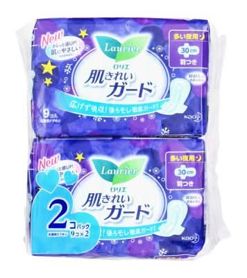 ロリエ 肌きれいガード 多い夜用 羽つき - 30cm (9 入 x 2)