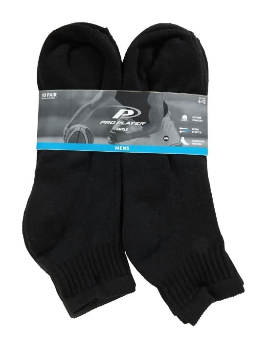 ProPlayer Ankle Socks, Men, 6-12, Black (10 ct)