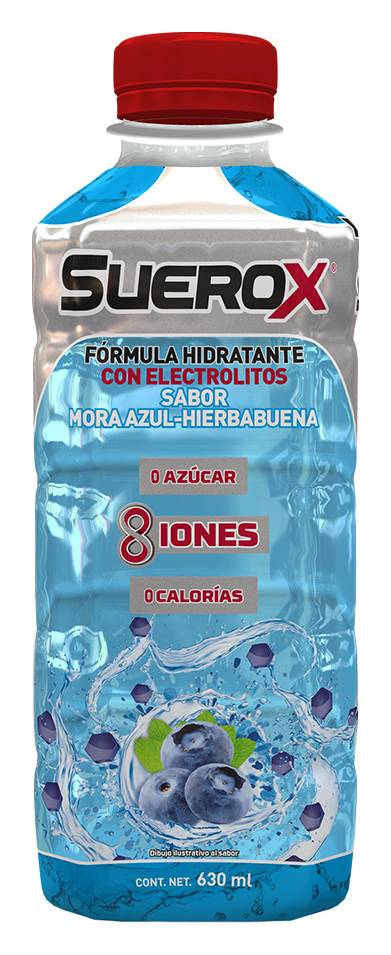 Suerox · Bebida hidratante con electrolitos, mora azul-hierbabuena (630 ml)