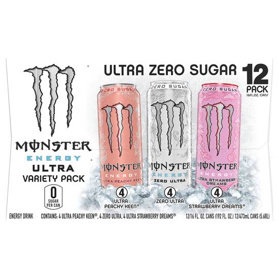 Monster Ultra Zero Sugar Energy Drink (12 pack, 16 fl oz) (assorted)