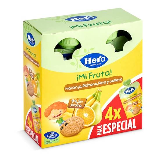 Puré de Naranja, Plátano, Pera y Galleta Hero Bolsa (4 X 100 g)