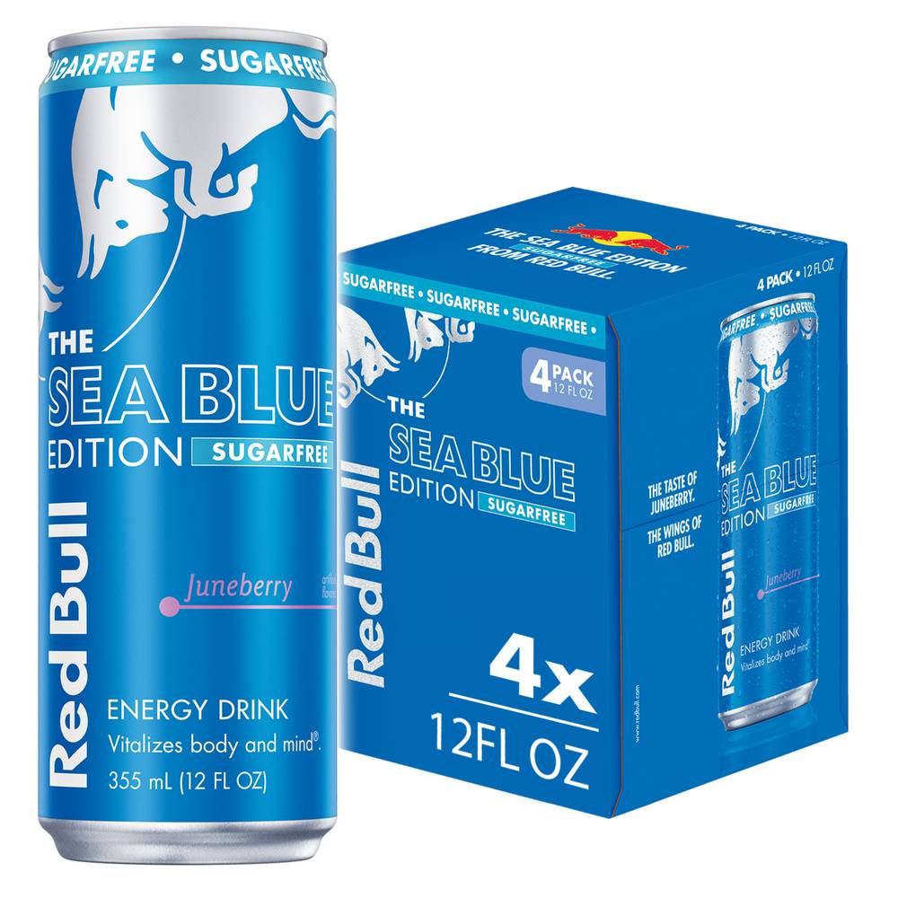 Red Bull The Sea Blue Edition Sugarfree Energy Drink, Juneberry (4 x 12 fl oz)