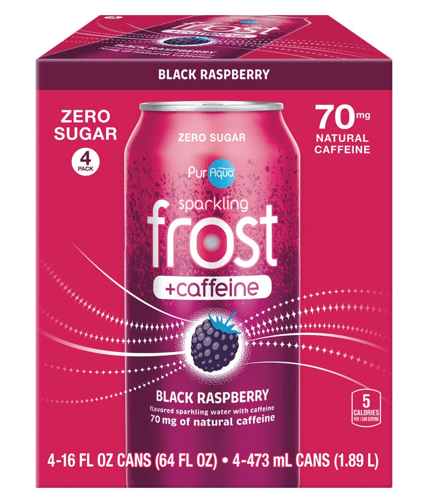PurAqua Zero Sugar Frost Sparkling Water With Natural Caffeine, Black Raspberry (4 x 16 fl oz)