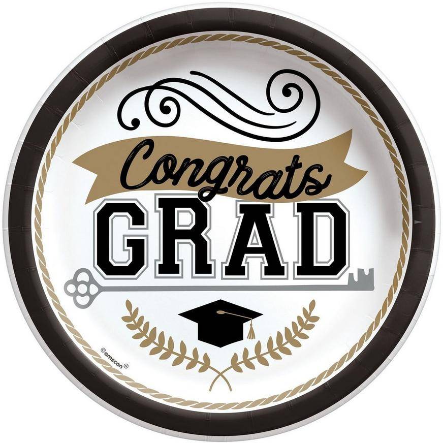 Party City Graduation Paper Lunch Plates (8.5in/black/silver/gold)