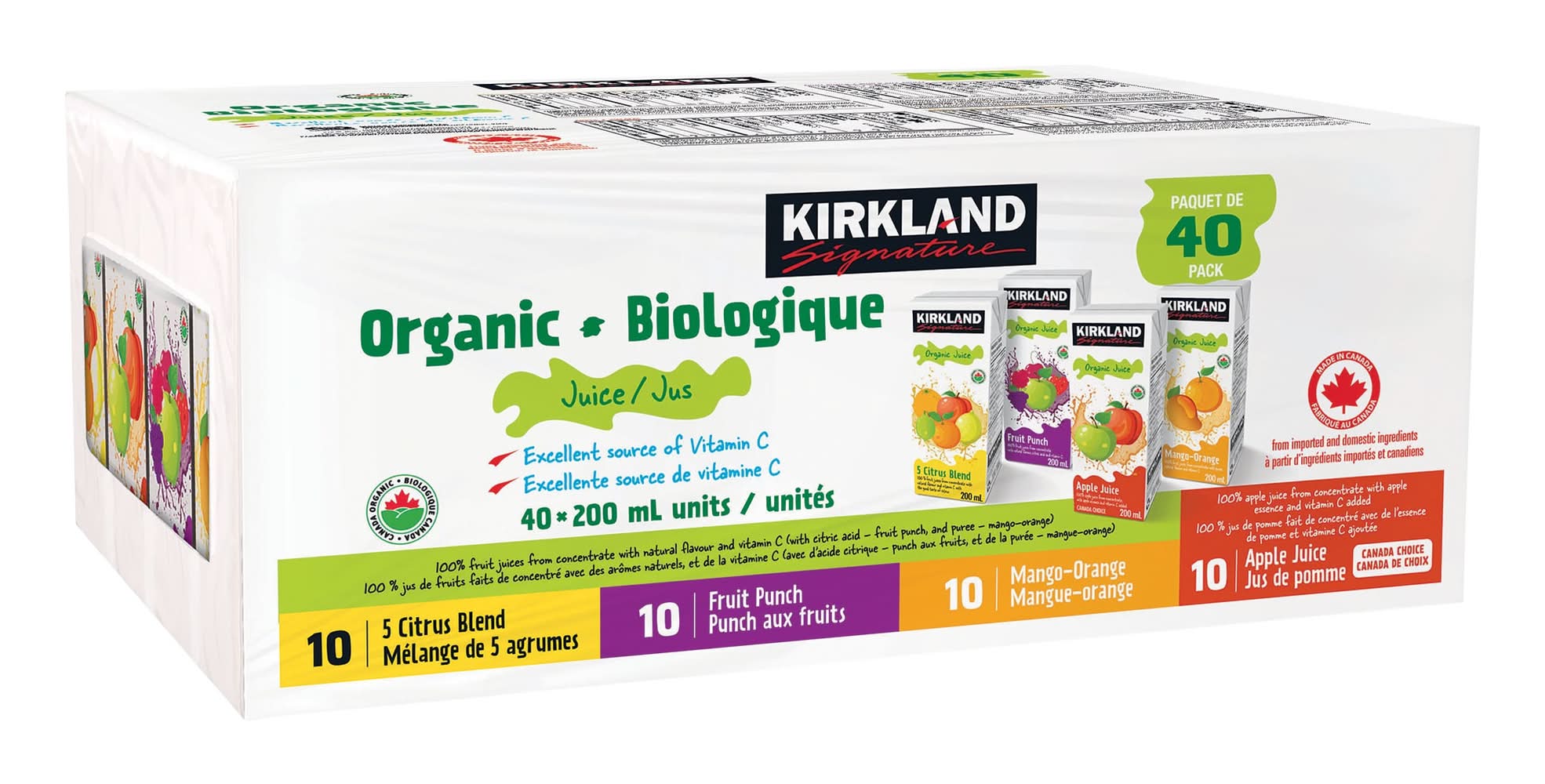 Kirkland Signature - Jus De Fruit Biologique, Saveurs Assorties, 40 X 200 Ml / Kirkland Signature Organic Juice Assorted Flavours, 40 X 200 Ml