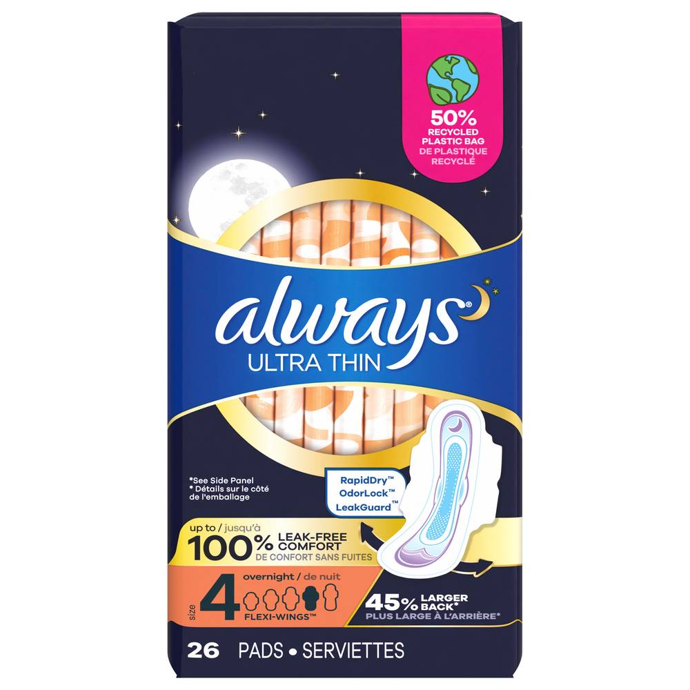 Always Ultra Thin Overnight Pads With Flexi Wings, Size 4 (26 ct)