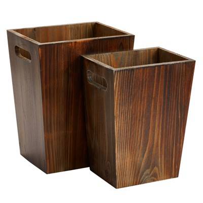 2 Piece Rustic Style Wood Trash Can Set, Farmhouse Square Wastebasket Bin with Handles for Home or Office (Brown, Small & Large)