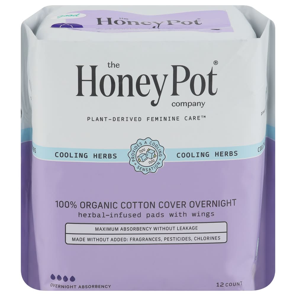 The Honey Pot 100% Organic Cotton Cover Herbal-Infused Overnight Pads With Wings, Cooling Herbs (12 ct)