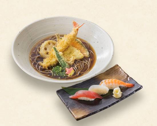 海老天ぷらそばと寿司三貫セット