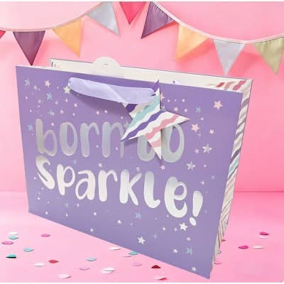Bows And Sparkles Born To Sparkle Birthday Gift Bag With Tag, L, Purple