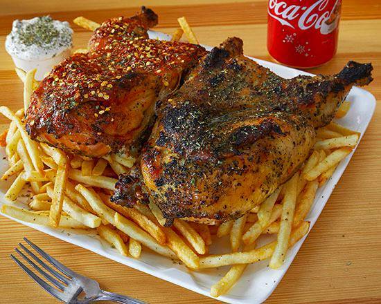 Whole Chicken With large fries, and 2 drinks. Poulet entier Avec grande frites, et 2 boissons.
