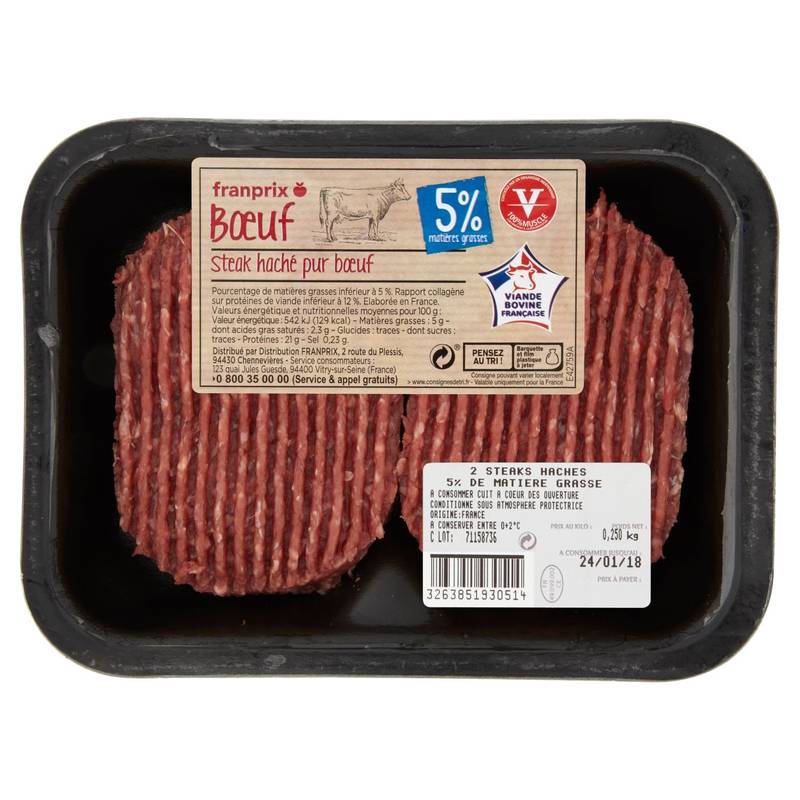 Steak haché 5% pur boeuf Franprix 250g