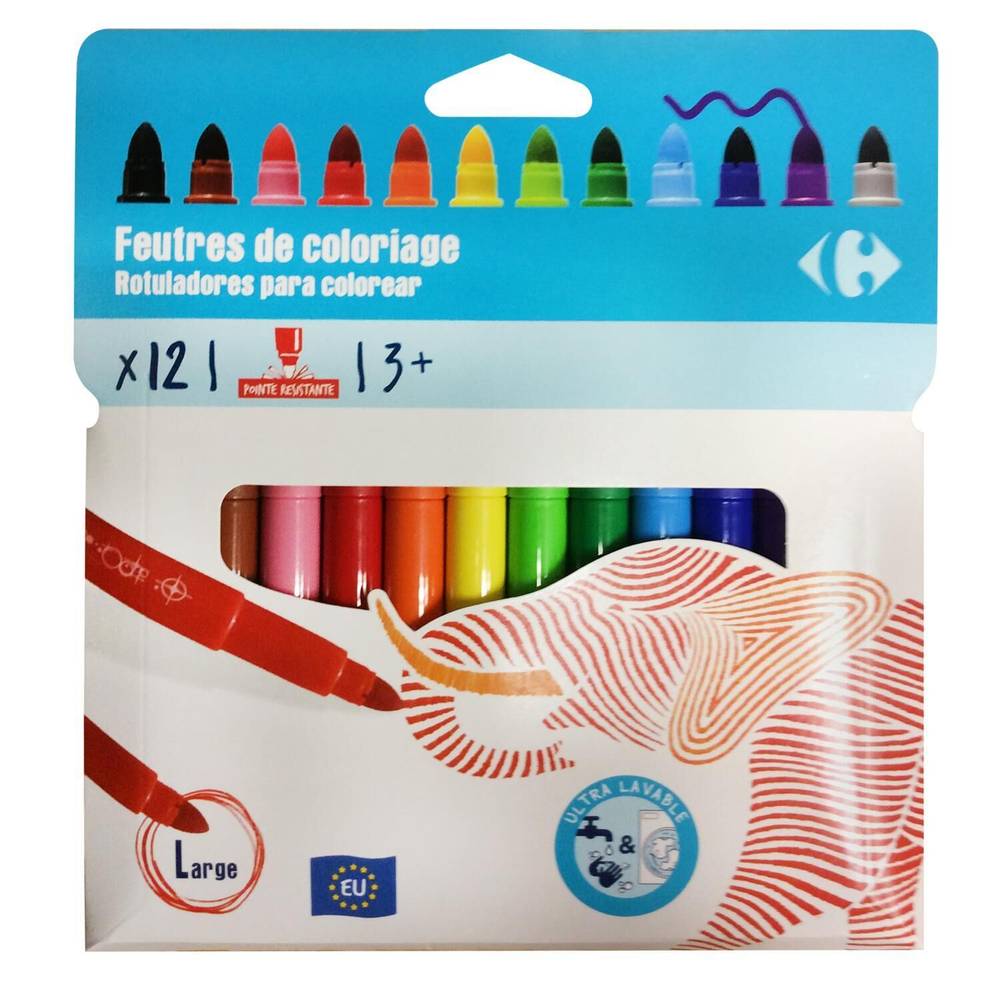 Carrefour - Feutres de coloriage multicolore pointe large (12 pièces)