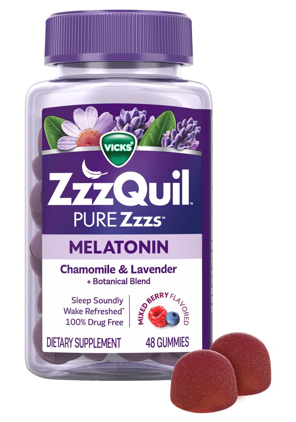 ZzzQuil Pure Zzzs Melatonin+ Chamomile & Lavender Gummies, Wildberry Vanilla (48 ct)
