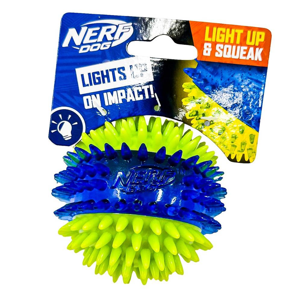 NERF 2.7" Translucent TPR 3-Part Spike LED and Squeak Ball Dog Toy - Yellow/Light Blue