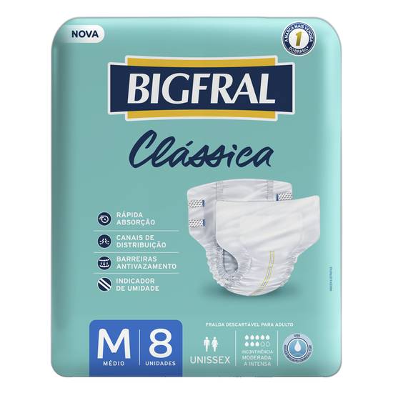 Bigfral fralda descartável adulto clássica unissex m (8 un)