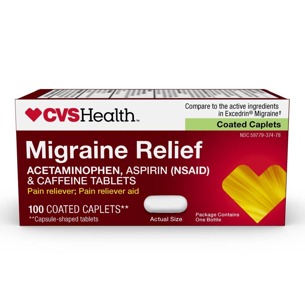 CVS Health Migraine Relief Acetaminophen Aspirin (NSAID) & Caffeine Tablets, 100 CT