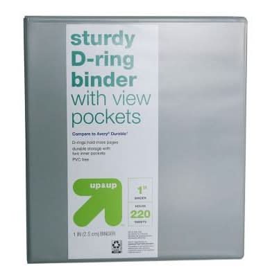up&up Sturdy Durable Ring Binder With View Pockets, 1 Inch, Gray