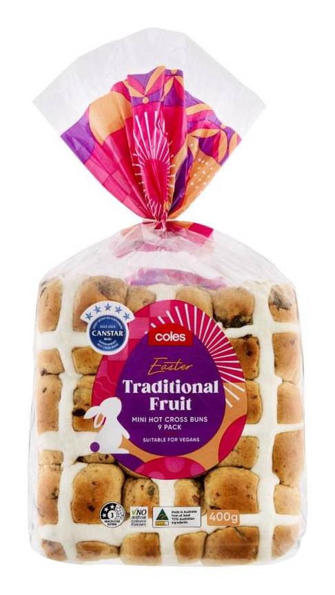 Coles Traditional Fruit Mini Hot Cross Buns (400g, 9 pack)