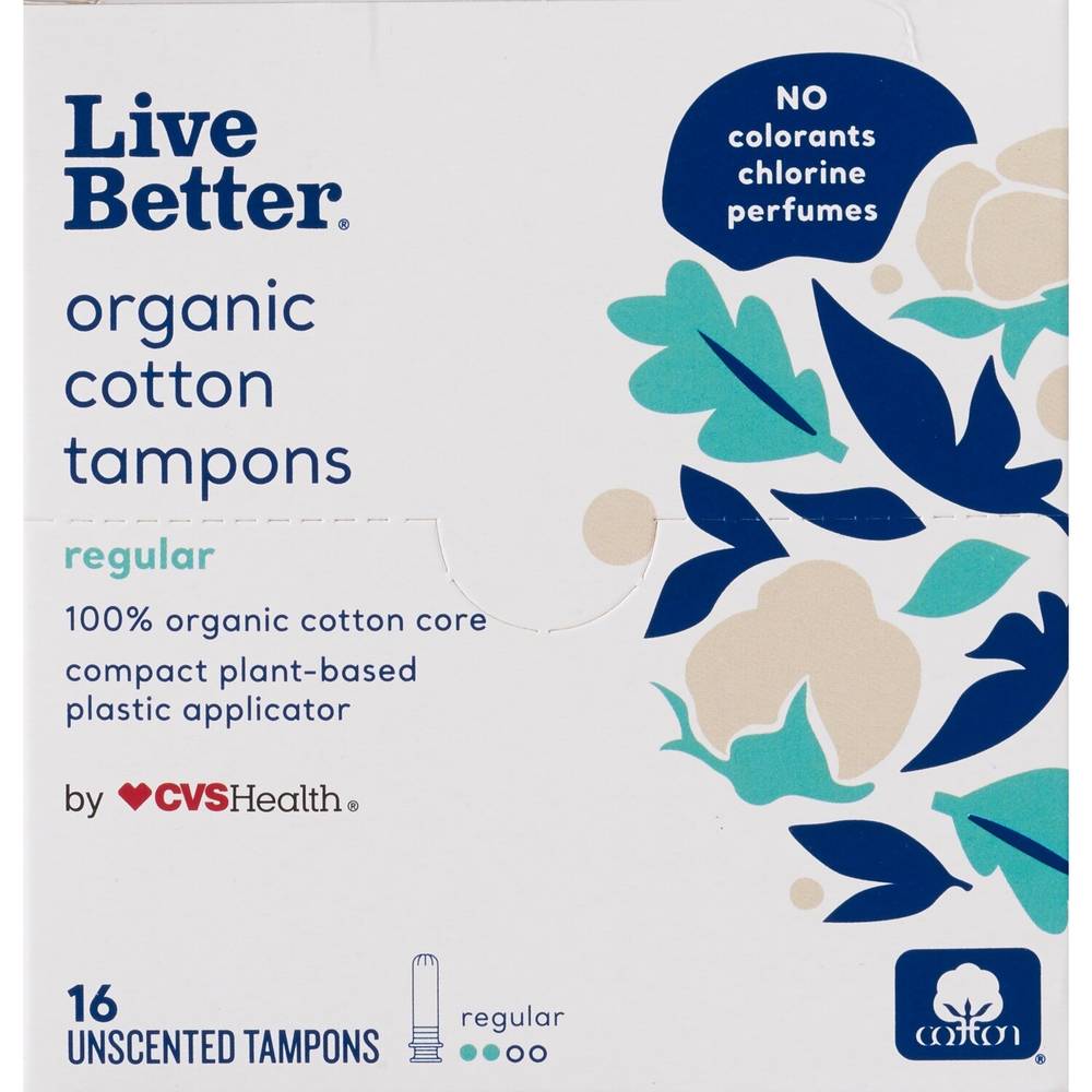 Cvs Live Better Organic Cotton Tampons With Compact Plant-Based Plastic Applicator, Regular, 16 Ct