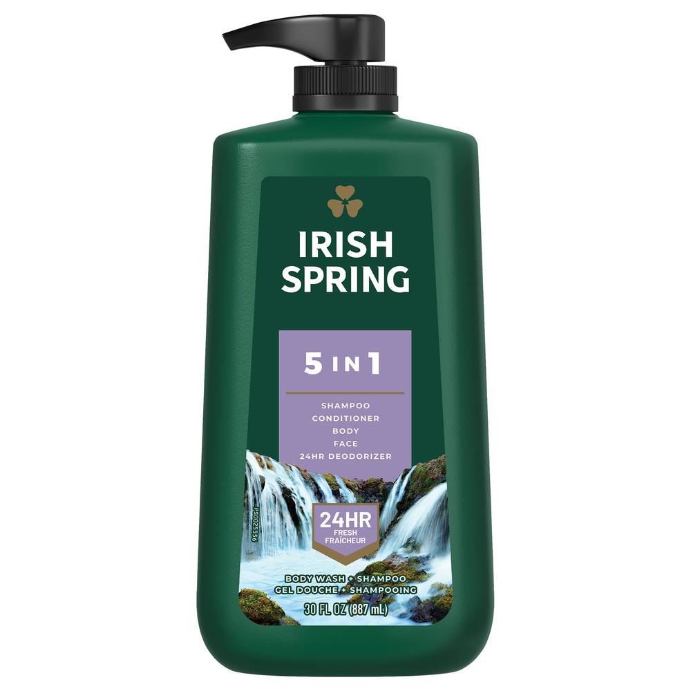 Irish Spring 5 in 1 Men's Body Wash and Shampoo Pump for Hair, Face and Body, 30 OZ