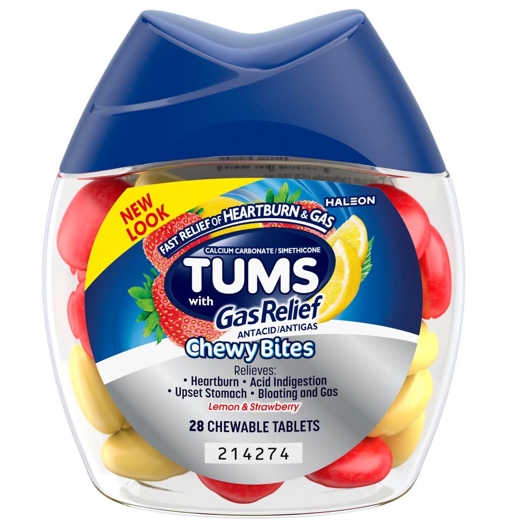 Tums Chewy Bites Chew Able Antacid Tablets With Gas Relief, Lemon-Strawberry (28 ct)