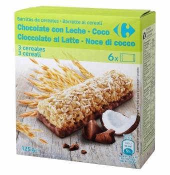 Barritas de cereales con chocolate con leche y coco Carrefour 6 unidades de 20,83 g.